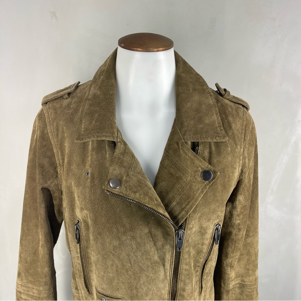 SL8 Blank Nyc Women's Green olive Suede Leather Moto Jacket Asymmetric Crop SZ M - Picture 3 of 13